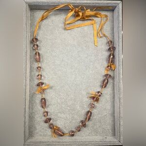 Elegant Gold and Brown Beaded Ribbon Necklace
